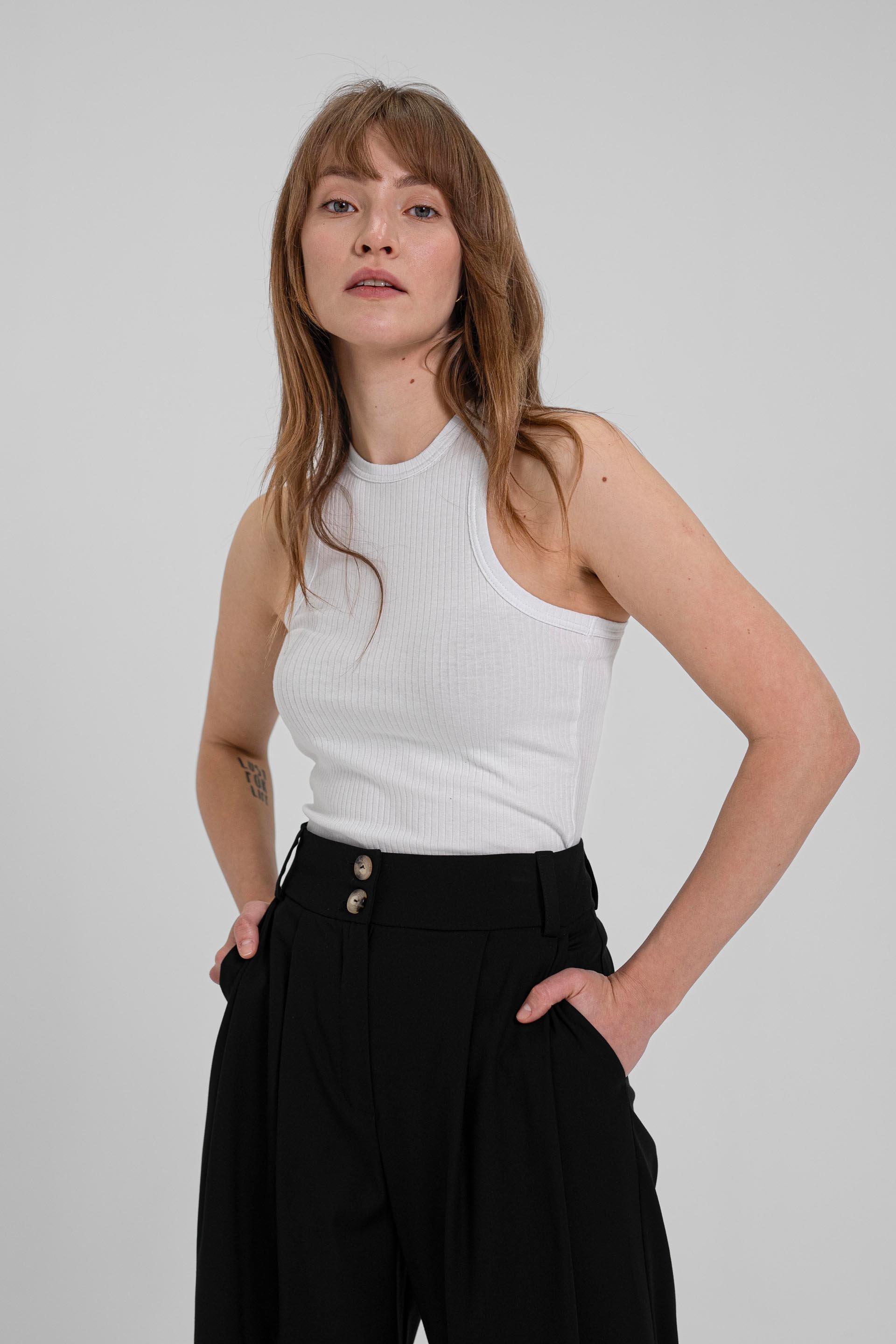 Biały Top Damski z Dekoltem Halter Long White - Prążkowany