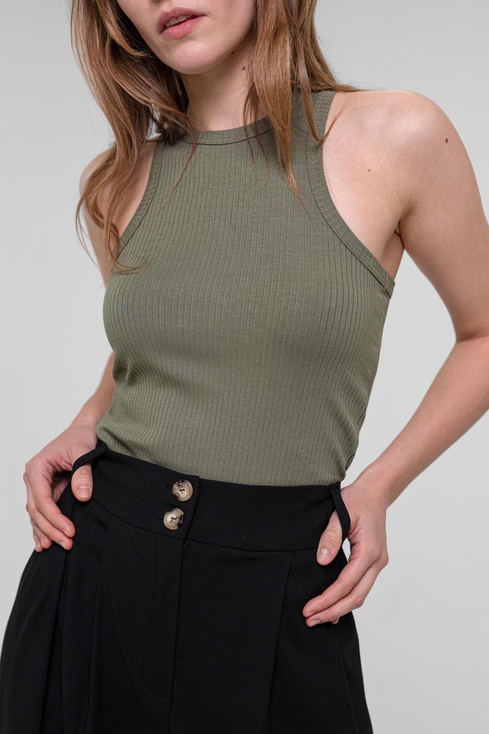 Olive Ribbed Halter Cropped Tank