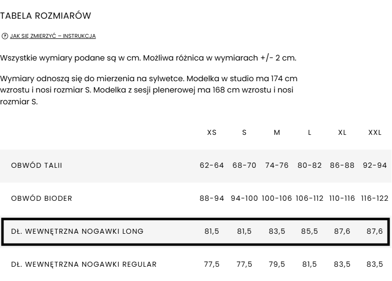 naree długosc spodni long tabelka